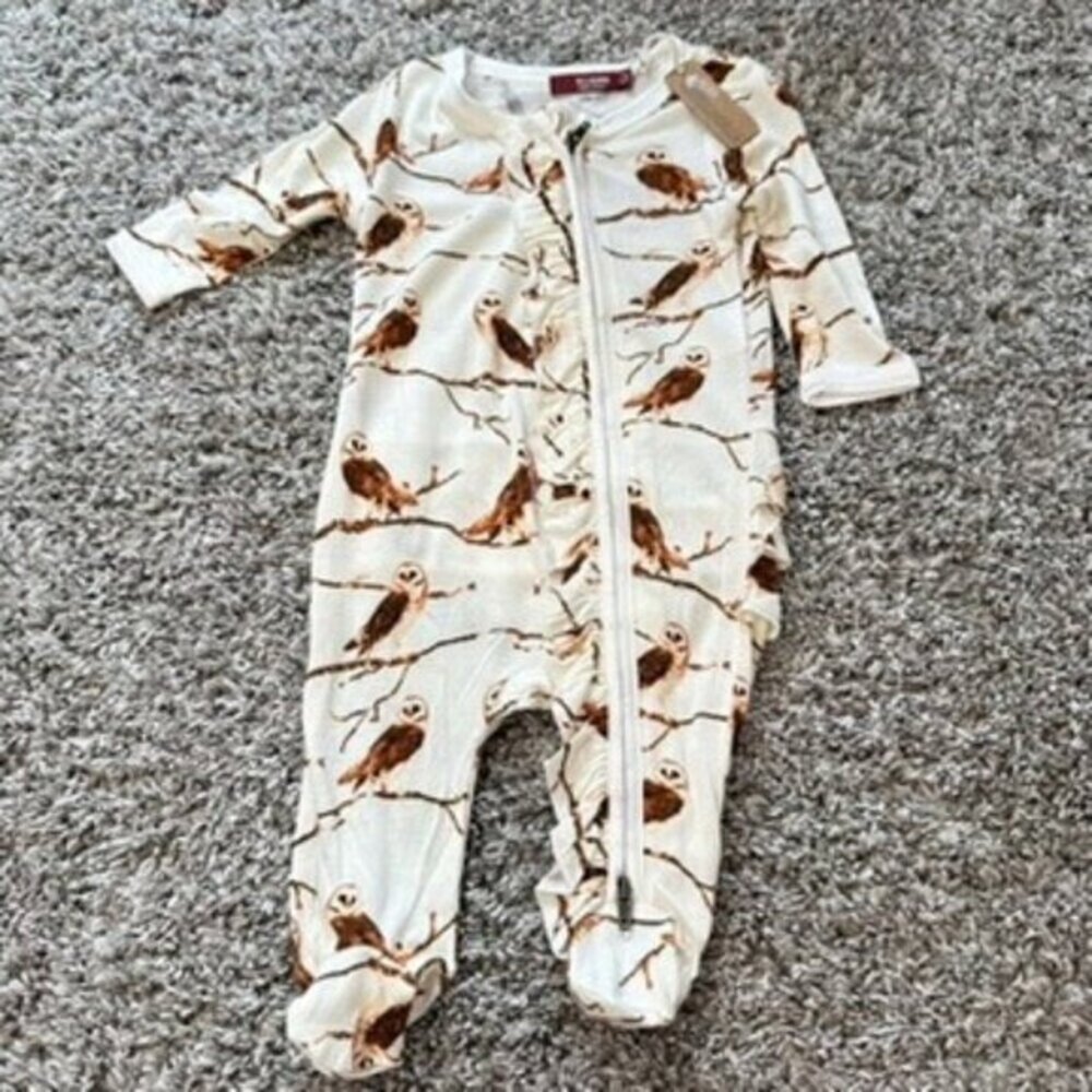 Milkbarn Owl Bamboo Zip Ruffle Footed Romper 0-3 Months NWT Soft Fall Gift